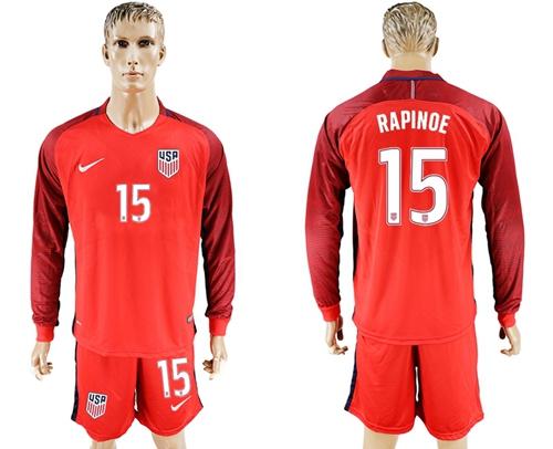 USA #15 Rapinoe Away Long Sleeves Soccer Country Jersey